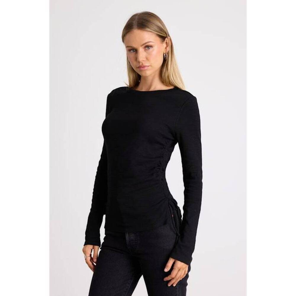 Lulus Ambrose Black Burnout Ruched Long Sleeve Top - Size L